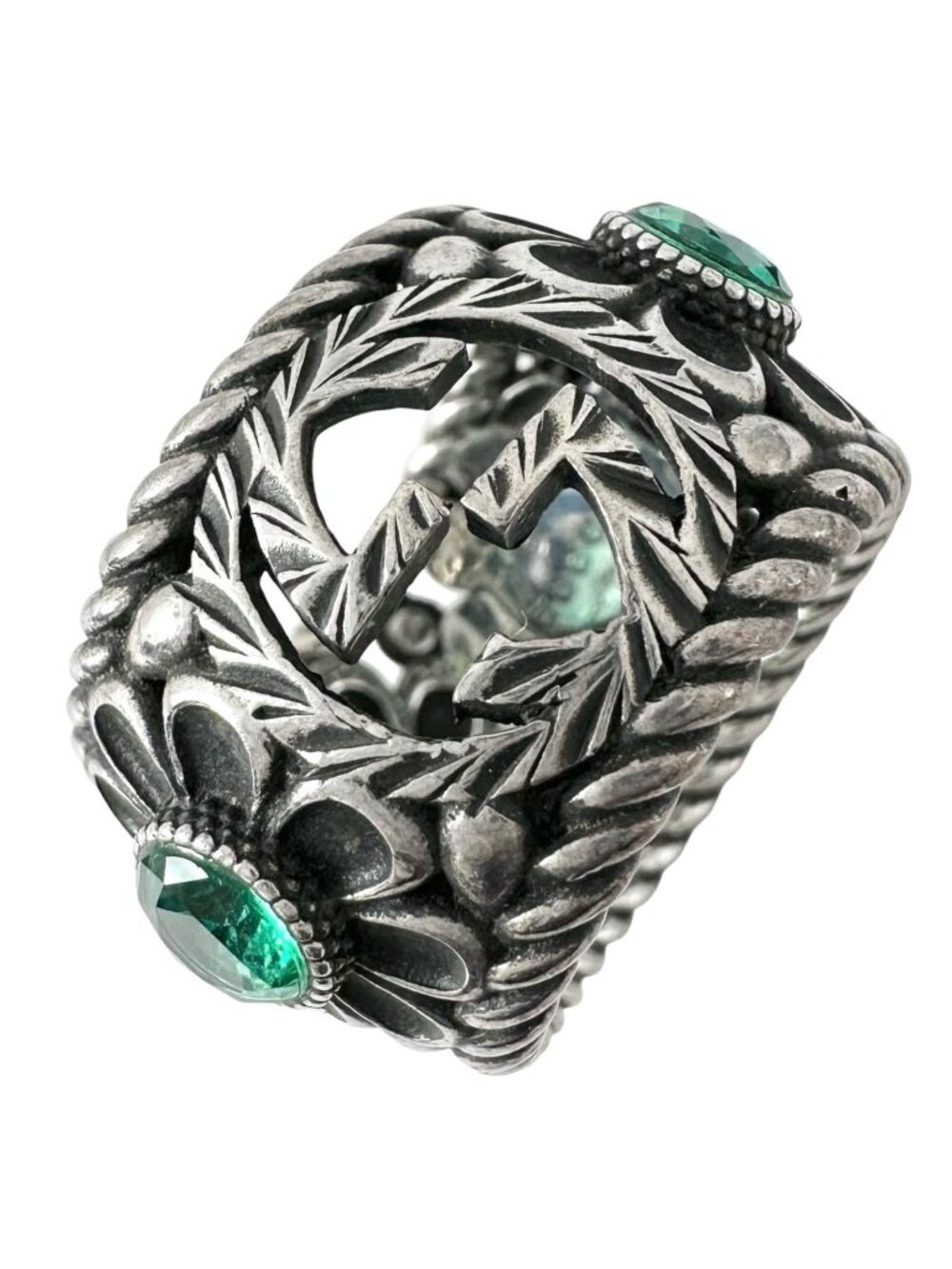 Gucci Interlocking G Green Silver Ring